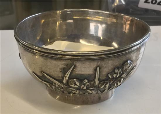 Chinese Export silver small bowl, cast with iris, inscribed, Ning Zhao Ji mark (Taylor & Co overstruck twice)